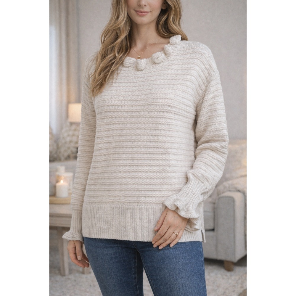 Madewell Ruffle Neck Pullover Sweater XXS Beige Cotton Merino Wool Ribbed Knit